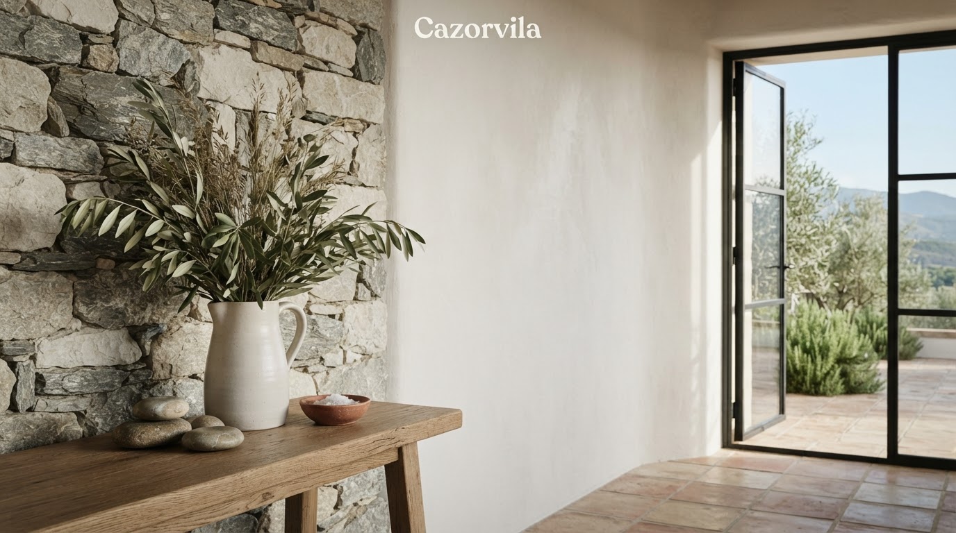 Cazorvila, composición minimalista con textura de piedra y línea de tendencia de crecimiento
